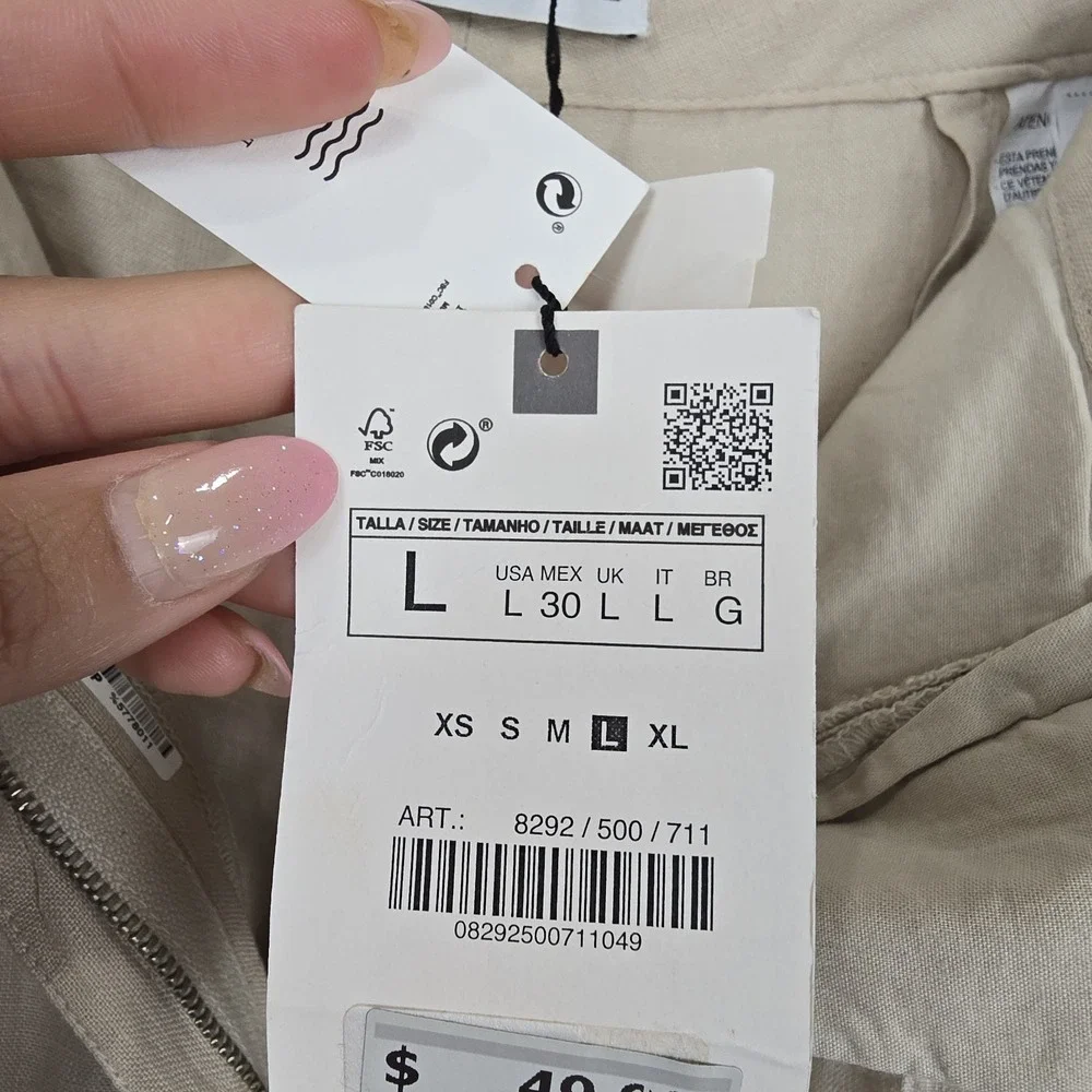 NWT Zara Size Large High Waisted Pleated Wide Leg 100% Linen Pants Sand 8292/500